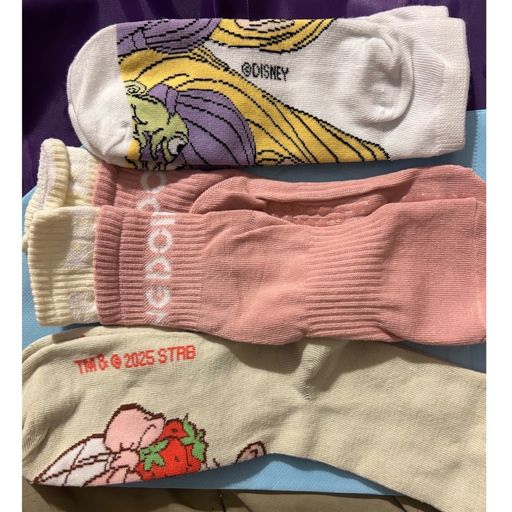 Disney Rapunzel Strawberry Cat Pink Grip Socks Bundle 3 Pairs Womens Crew